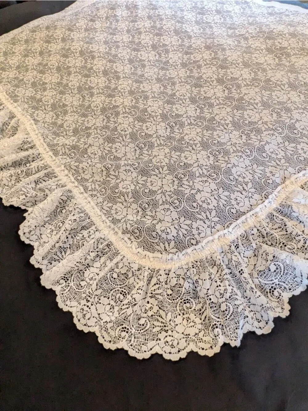 Vintage Lace Curtain Panels Set of 2 White Floral Ruffle Edge Boho Cottage 61